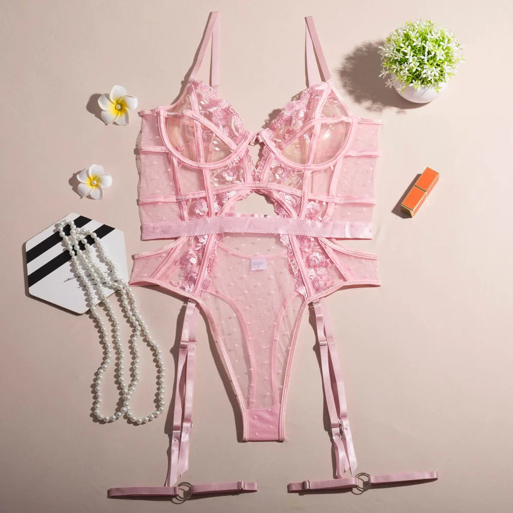 Toucheart Lace Embroidery Jumpsuit Mesh See-through Underwear Solid Color Garters Underwear
