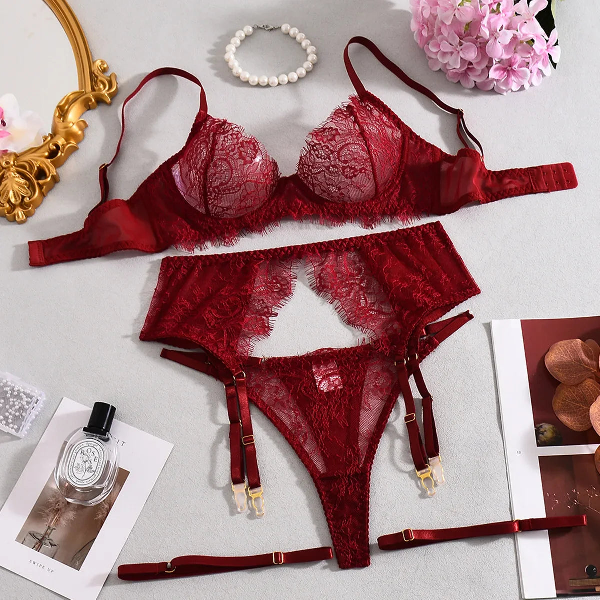 Toucheart Lace Embroidery Lingerie Panty Garters Leg Rings 4PCS See-through Slim Seductive