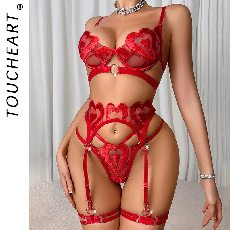 Toucheart Lace Embroidery Lingerie Panty Garters Steel Ring Erotic Love Set Exposed Navel