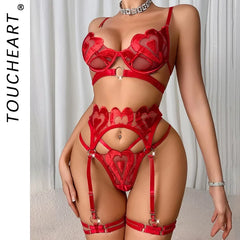 Toucheart Lace Embroidery Lingerie Panty Garters Steel Ring Erotic Love Set Exposed Navel