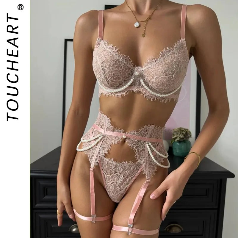 Toucheart Lace Eyelash Lingerie Panty Garters See-through Embroidery Premium Romantic Set