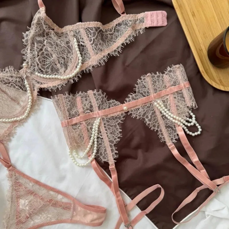 Toucheart Lace Eyelash Lingerie Panty Garters See-through Embroidery Premium Romantic Set