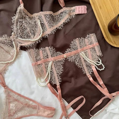 Toucheart Lace Eyelash Lingerie Panty Garters See-through Embroidery Premium Romantic Set
