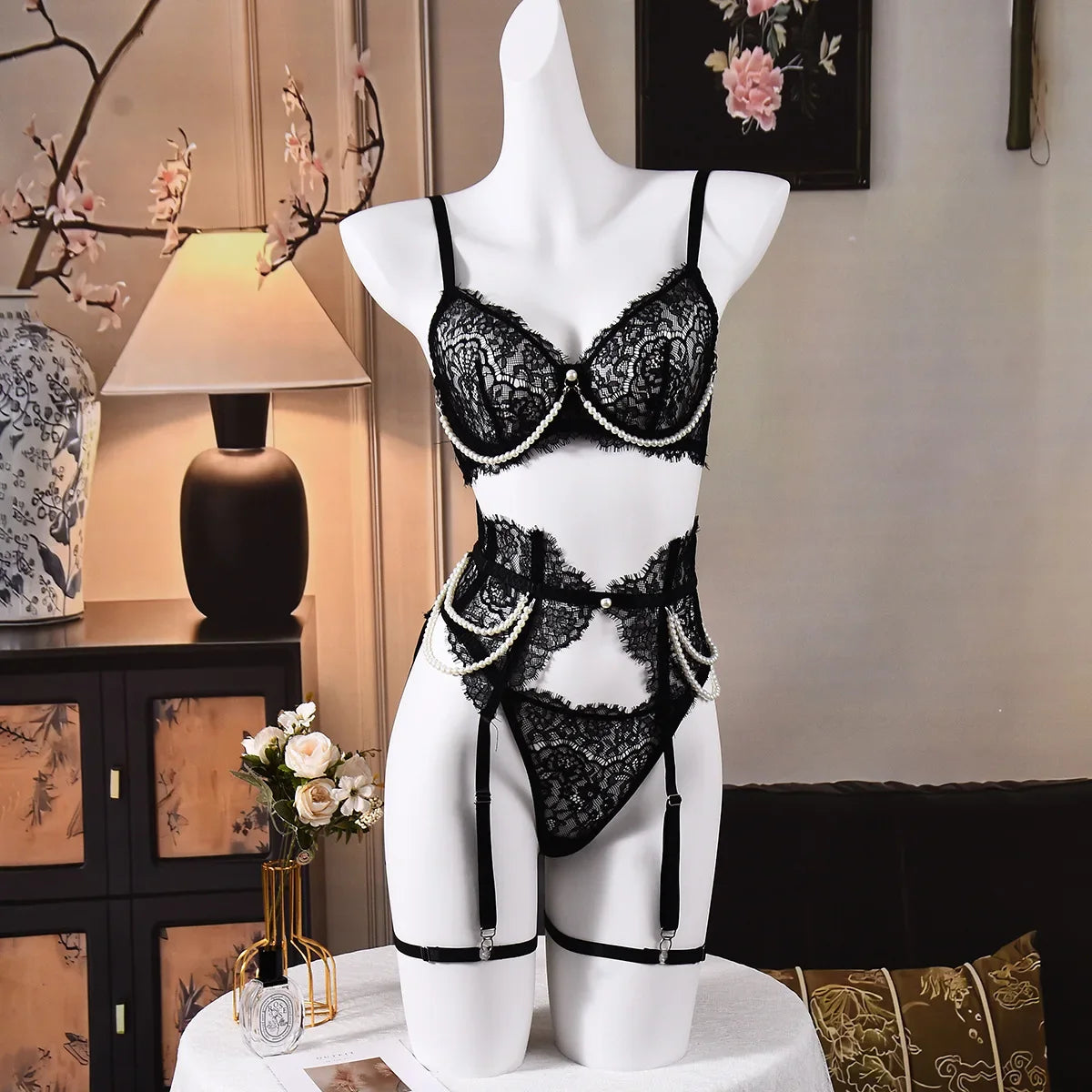 Toucheart Lace Eyelash Lingerie Panty Garters See-through Embroidery Premium Romantic Set