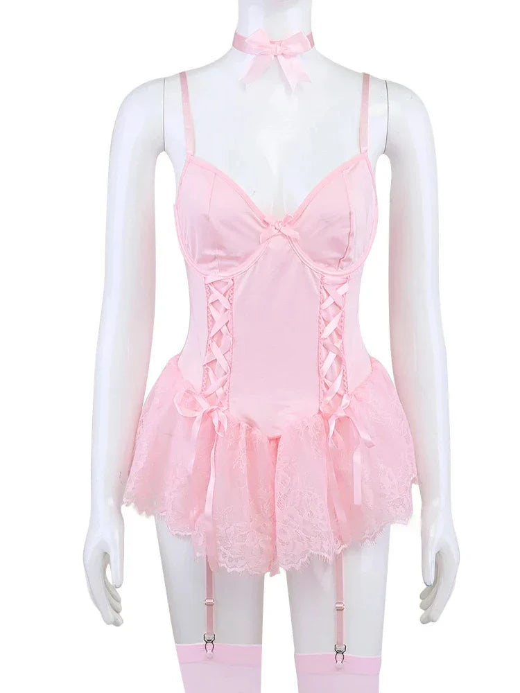 Toucheart Lace Fancy Garters Lingerie Girly Pink Corset Dress Stocking Matching Cute Uniform Lingerie