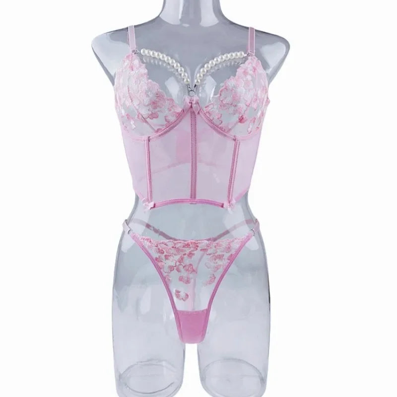 Toucheart Lace Floral Embroidery Underwear Fun Suit Pearl Chain Splicing Thin Mesh See-Through Lingerie Set