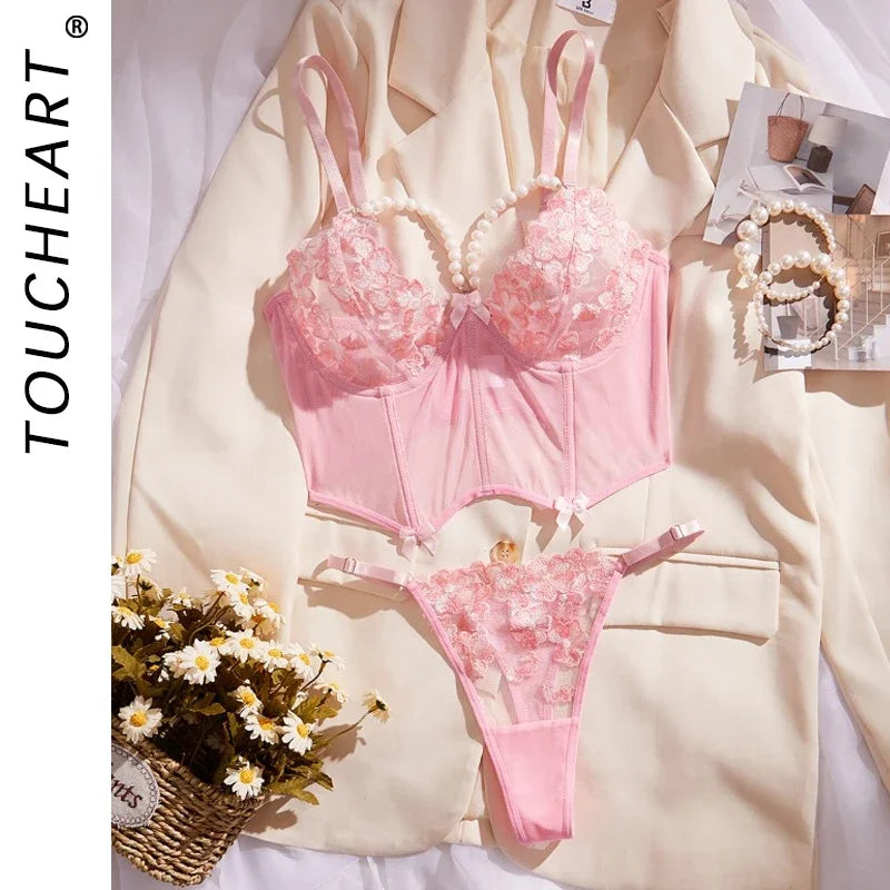 Toucheart Lace Floral Embroidery Underwear Fun Suit Pearl Chain Splicing Thin Mesh See-Through Lingerie Set
