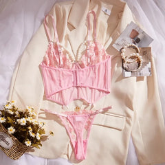 Toucheart Lace Floral Embroidery Underwear Fun Suit Pearl Chain Splicing Thin Mesh See-Through Lingerie Set