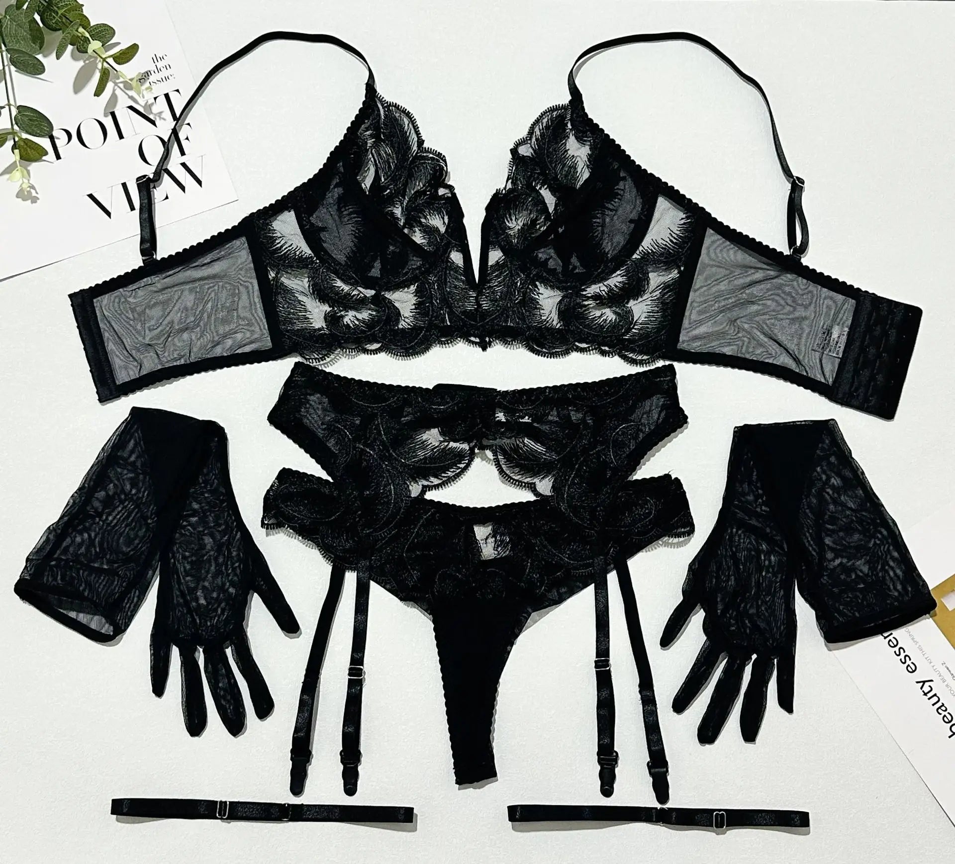Toucheart Lace Floral Embroidery 5PCS Backless Solid Color Premium Set