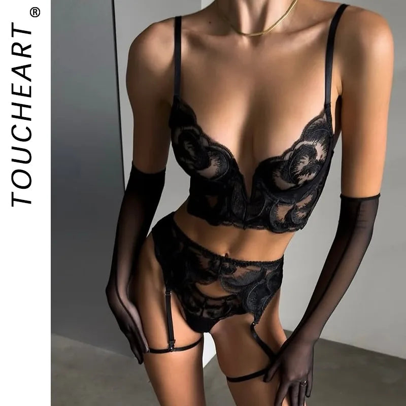 Toucheart Lace Floral Embroidery 5PCS Backless Solid Color Premium Set