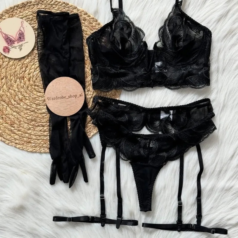 Toucheart Lace Floral Embroidery 5PCS Backless Solid Color Premium Set