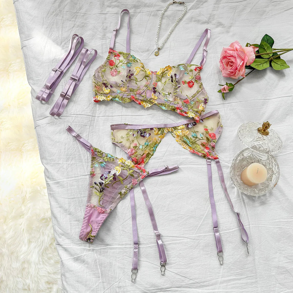 Toucheart Lace Floral Lingerie Panty Garters Contrast Color Backless See-through Erotic Set