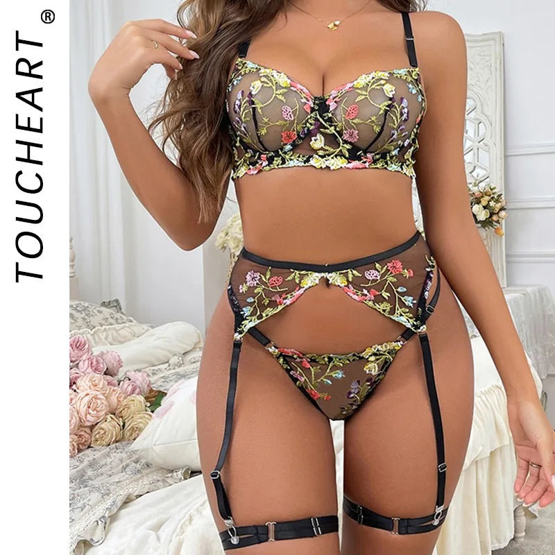 Toucheart Lace Floral Lingerie Panty Garters Contrast Color Backless See-through Erotic Set