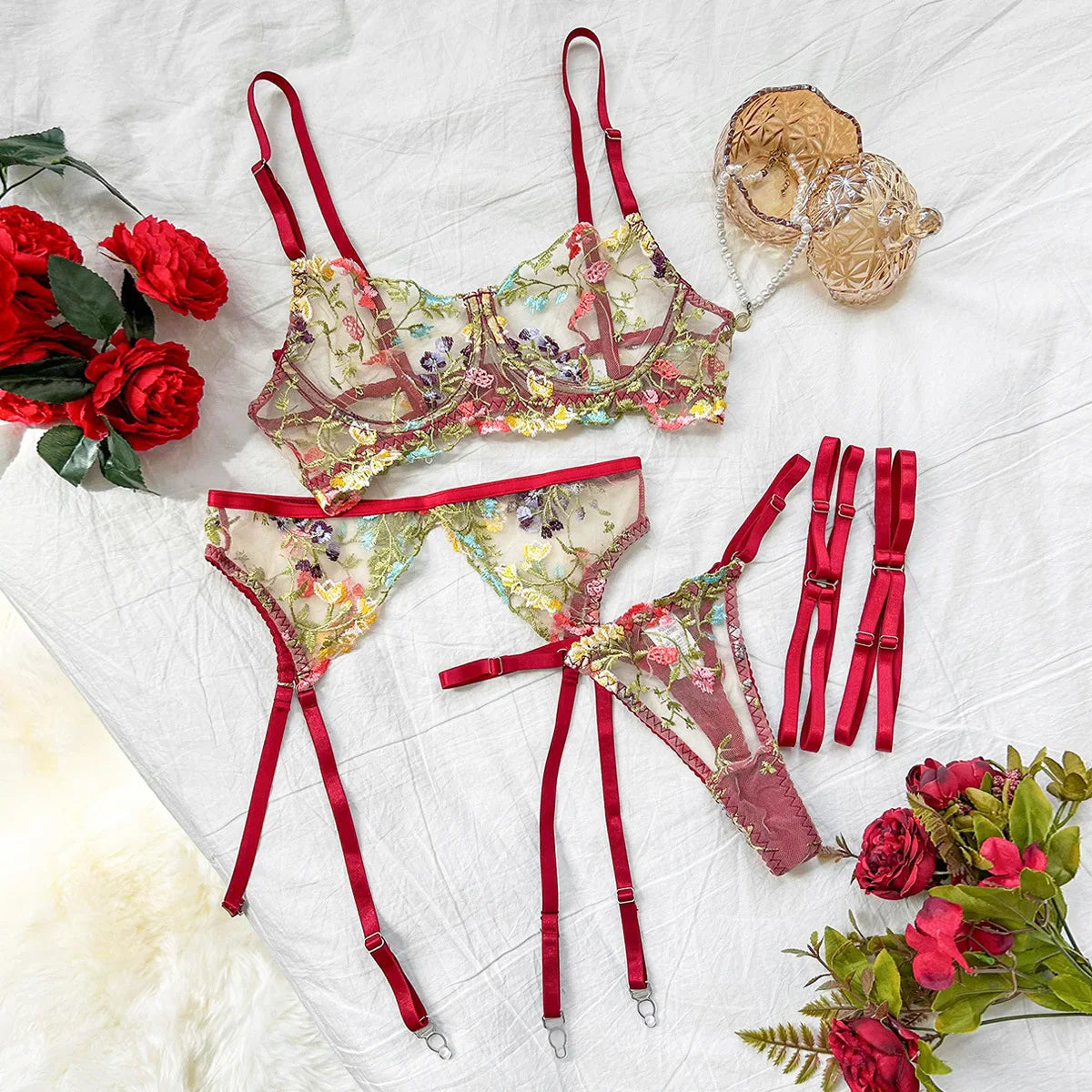 Toucheart Lace Floral Lingerie Panty Garters Contrast Color Backless See-through Erotic Set