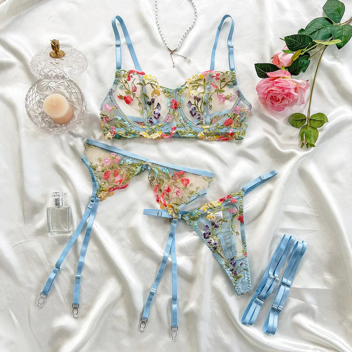 Toucheart Lace Floral Lingerie Panty Garters Contrast Color Backless See-through Erotic Set