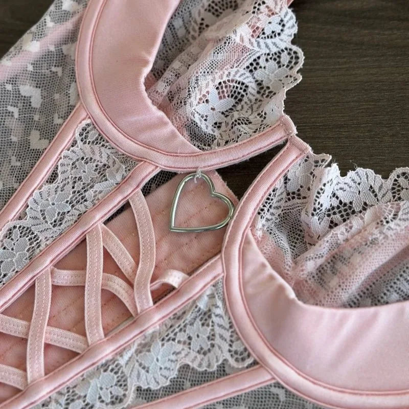 Toucheart Lace Floral Lingerie Panty Split Kit Hollowout Love See-through Cross Bandage  Romanticset