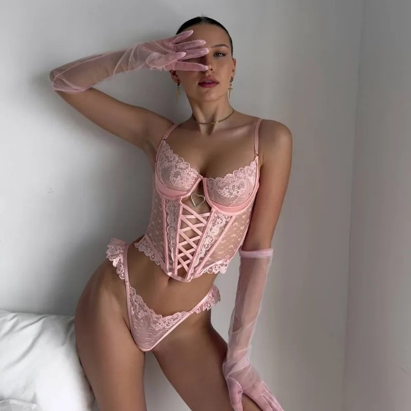 Toucheart Lace Floral Lingerie Panty Split Kit Hollowout Love See-through Cross Bandage  Romanticset