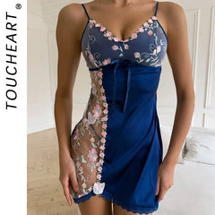 Toucheart Lace Floral Sleeping Skirt Thong2PCS Slim Embroidery See-through Romantic Cute Bodycon Dress Mesh Set