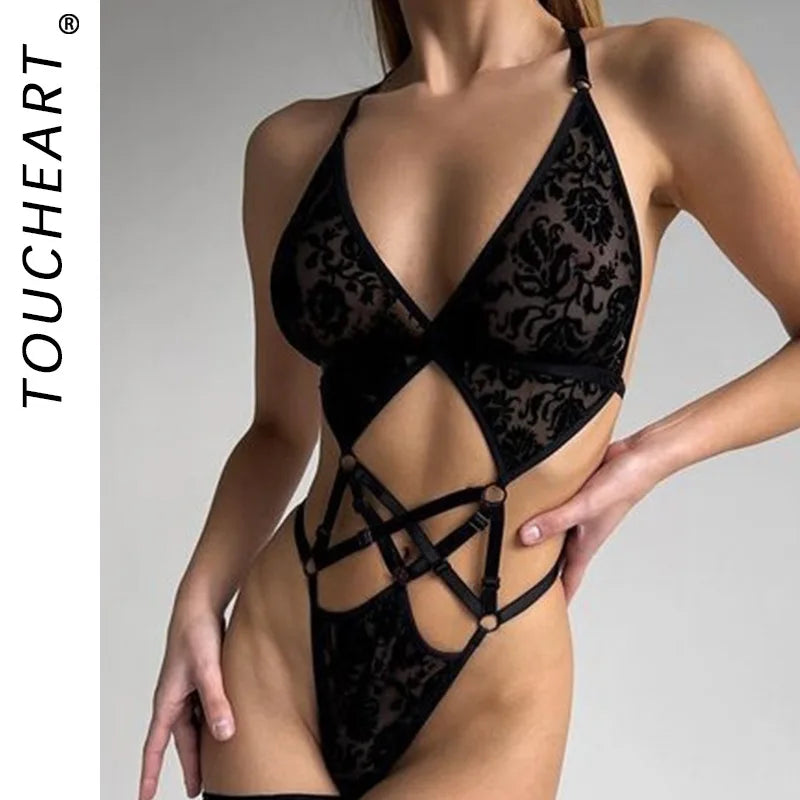Toucheart Lace Girl One-piece Suit Steel Ring See-through Backless Charming Adult Suit