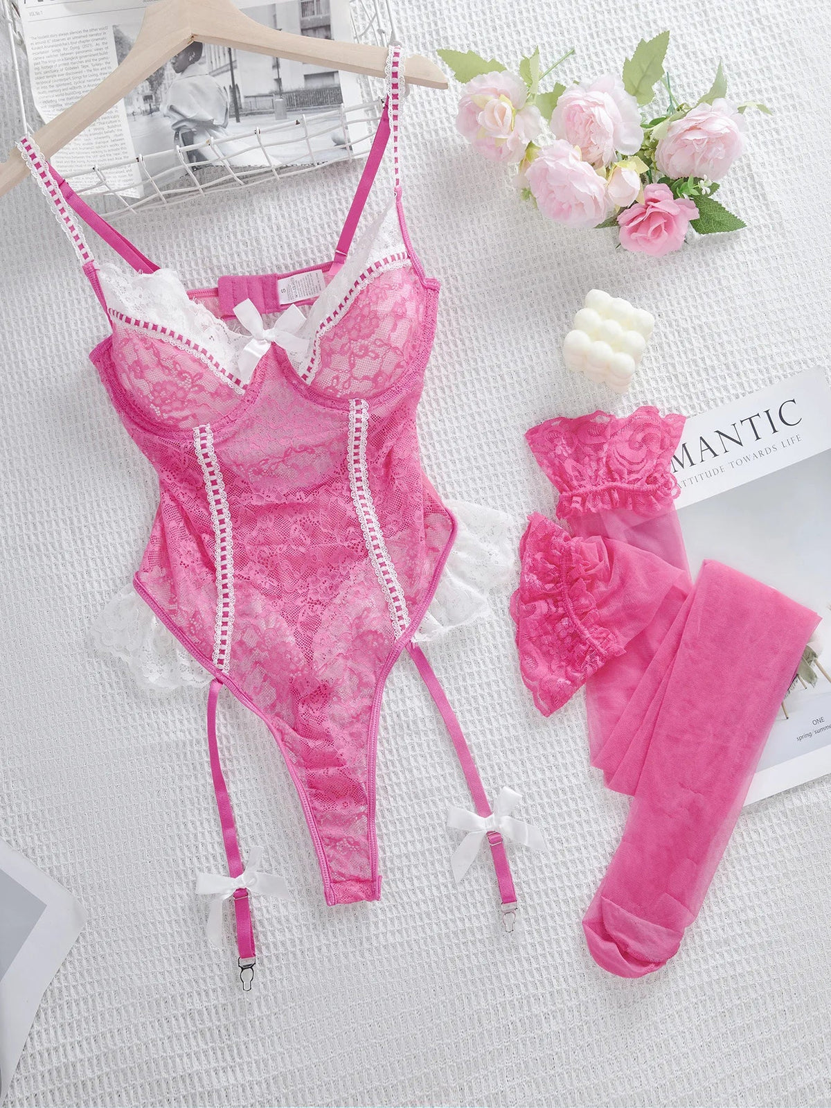 Toucheart Lace Babydoll Bodysuit Set Backless Plunge Bow Knot Lace Up Mesh Babydoll Bodysuit