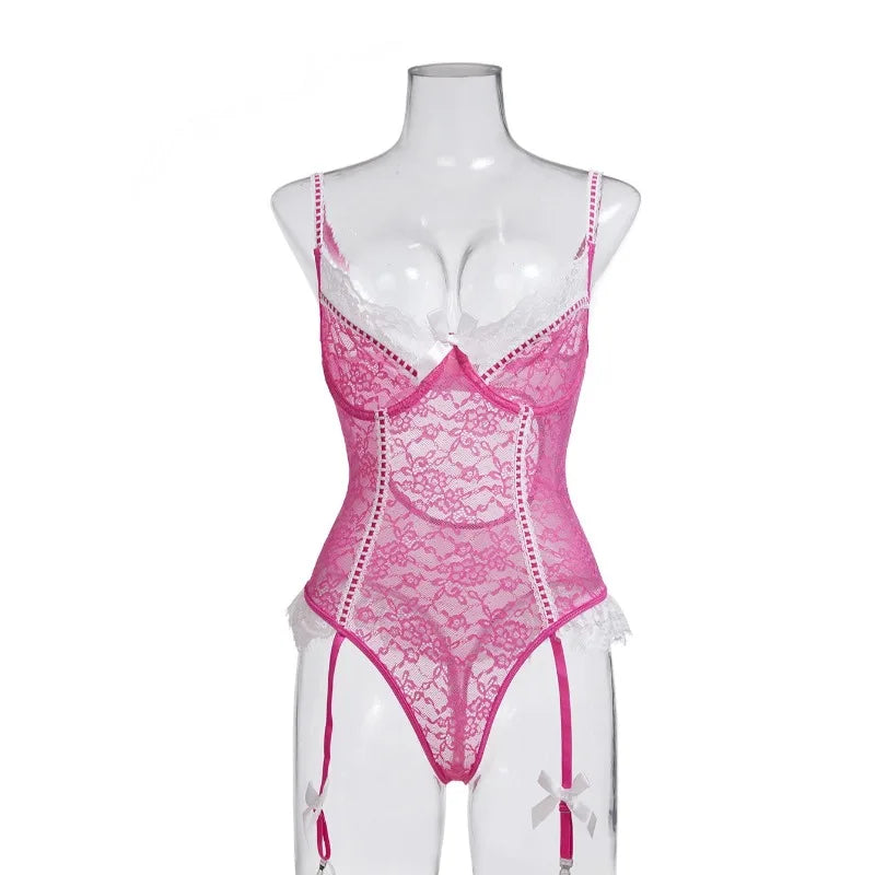 Toucheart Lace Babydoll Bodysuit Set Backless Plunge Bow Knot Lace Up Mesh Babydoll Bodysuit
