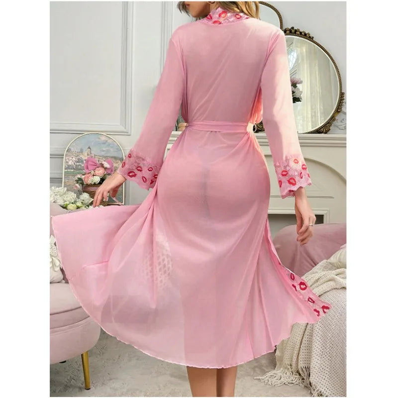 Toucheart Lace Red Lips Night Skirt Set Leisure Wrap Dress See-through Solid Color High Waisted