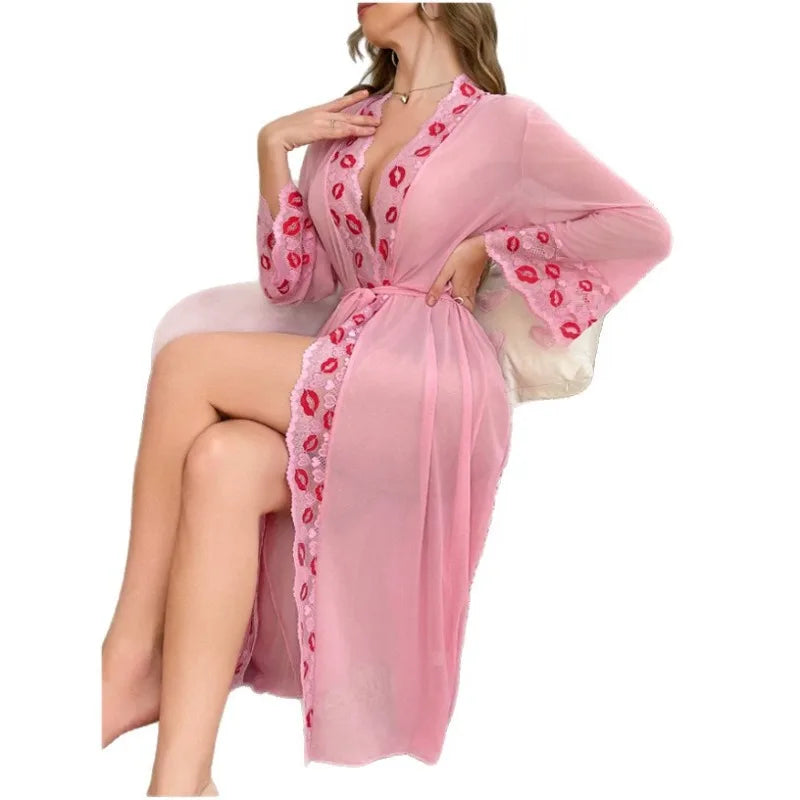 Toucheart Lace Red Lips Night Skirt Set Leisure Wrap Dress See-through Solid Color High Waisted