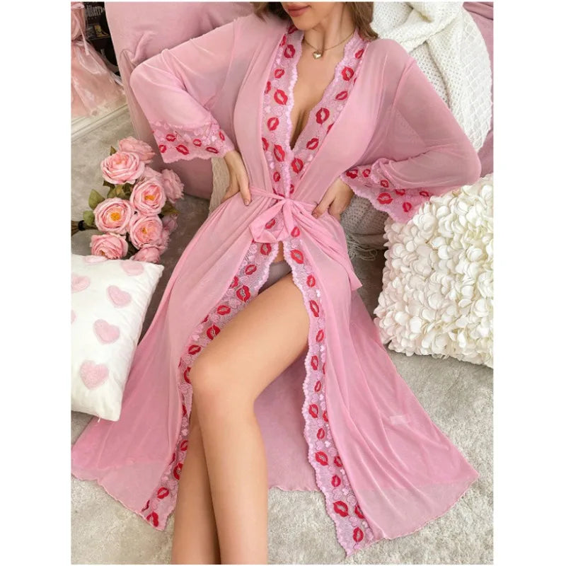 Toucheart Lace Red Lips Night Skirt Set Leisure Wrap Dress See-through Solid Color High Waisted