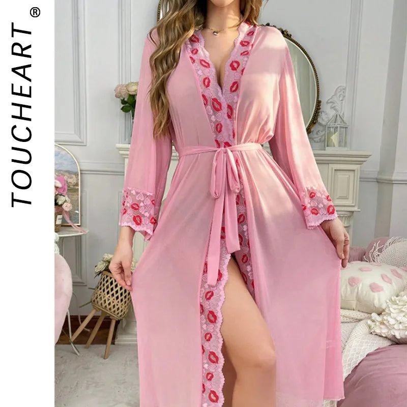 Toucheart Lace Red Lips Night Skirt Set Leisure Wrap Dress See-through Solid Color High Waisted