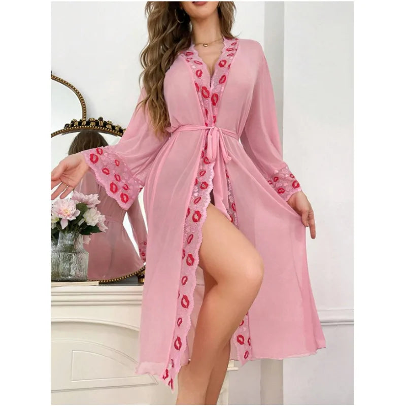 Toucheart Lace Red Lips Night Skirt Set Leisure Wrap Dress See-through Solid Color High Waisted