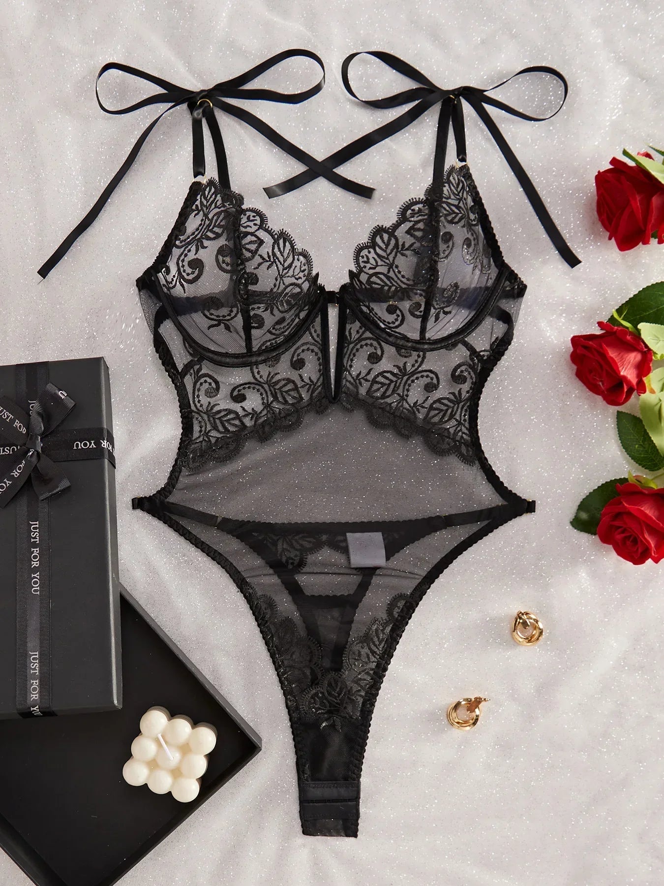Toucheart Lace Embroidery See-Through Underwear Temptation Mesh Bow Knot Lace Up Body-Shaping Jumpsuit