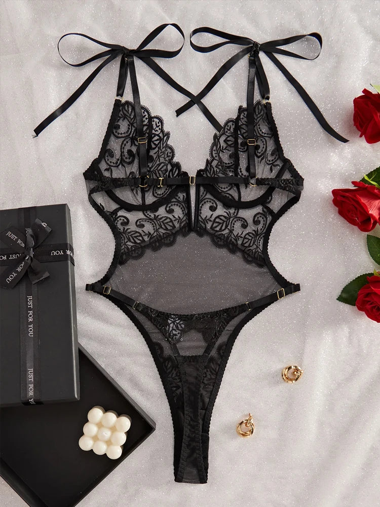 Toucheart Lace Embroidery See-Through Underwear Temptation Mesh Bow Knot Lace Up Body-Shaping Jumpsuit