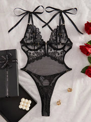 Toucheart Lace Embroidery See-Through Underwear Temptation Mesh Bow Knot Lace Up Body-Shaping Jumpsuit