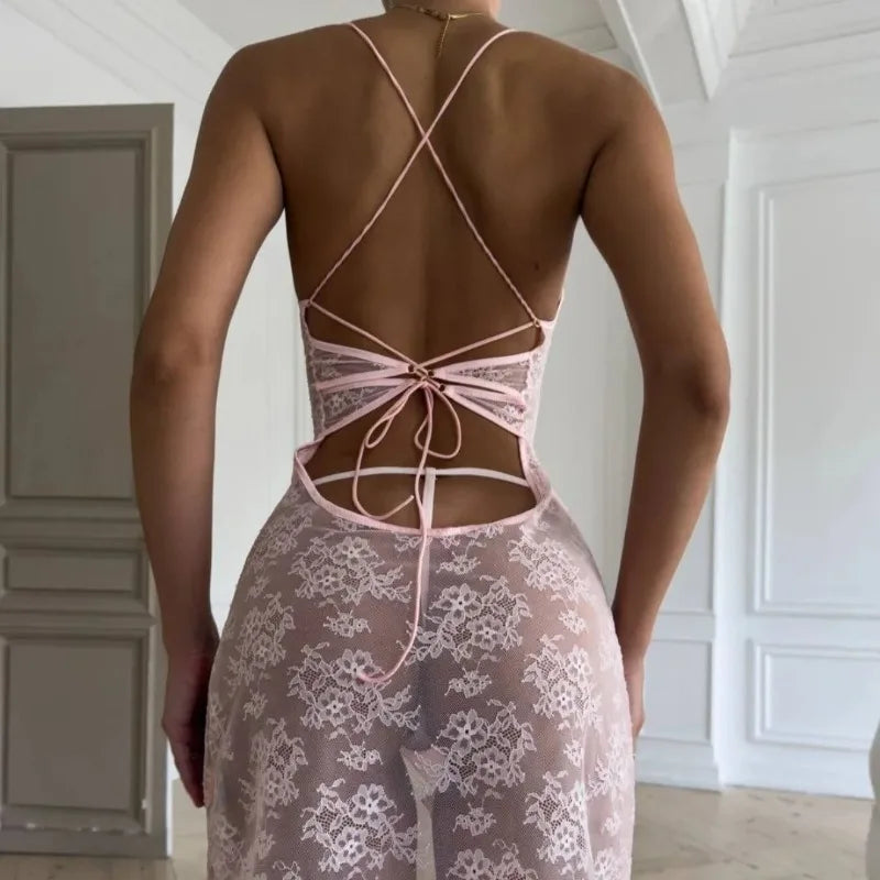 Toucheart Lace See-through Floral Pajamas Panty Set 2PCS Slim Backless Spaghetti Strap Mesh Pajamas Set
