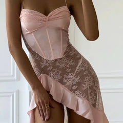 Toucheart Lace See-through Floral Pajamas Panty Set 2PCS Slim Backless Spaghetti Strap Mesh Pajamas Set
