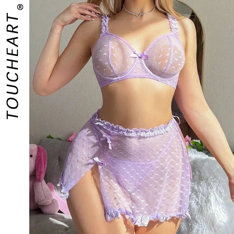 Toucheart Lace See-through Underwear Set Slim Backless Plunge Solid Color Mesh Underwear
