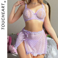 Toucheart Lace See-through Underwear Set Slim Backless Plunge Solid Color Mesh Underwear