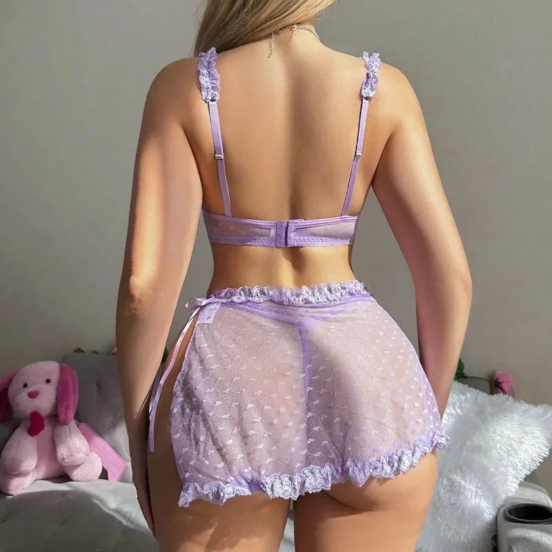 Toucheart Lace See-through Underwear Set Slim Backless Plunge Solid Color Mesh Underwear