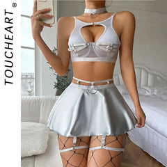 Toucheart Lace Black Bra Underwear Set Solid Color Leather Solid Color Low Cut Apron Underwear