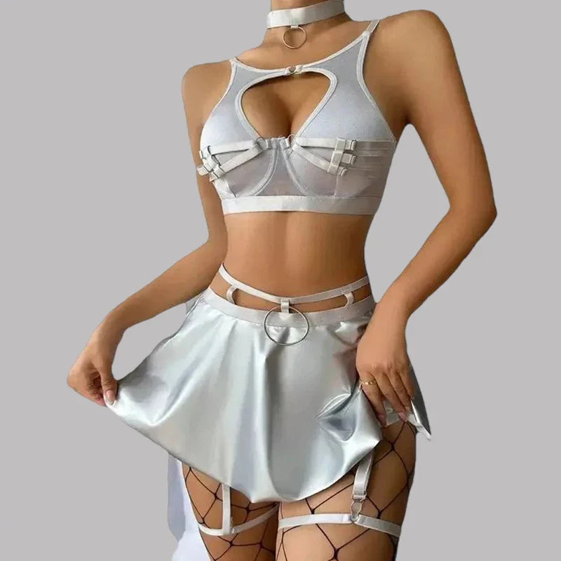Toucheart Lace Black Bra Underwear Set Solid Color Leather Solid Color Low Cut Apron Underwear