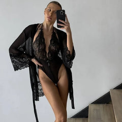 Toucheart Lace Bodysuit See-through Bow Knot Lace Up Sling Pajamas Mesh Cute Set