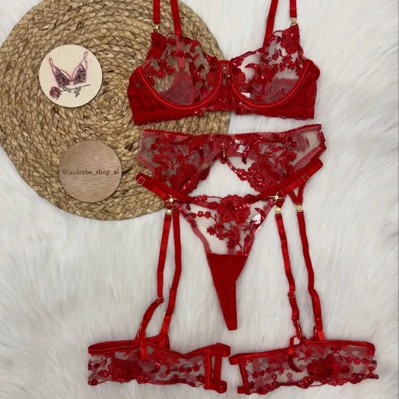 Toucheart Lace Lingerie Panty Garters Embroidery Rose See-through MeshInteresting Premium Bodysuit Set