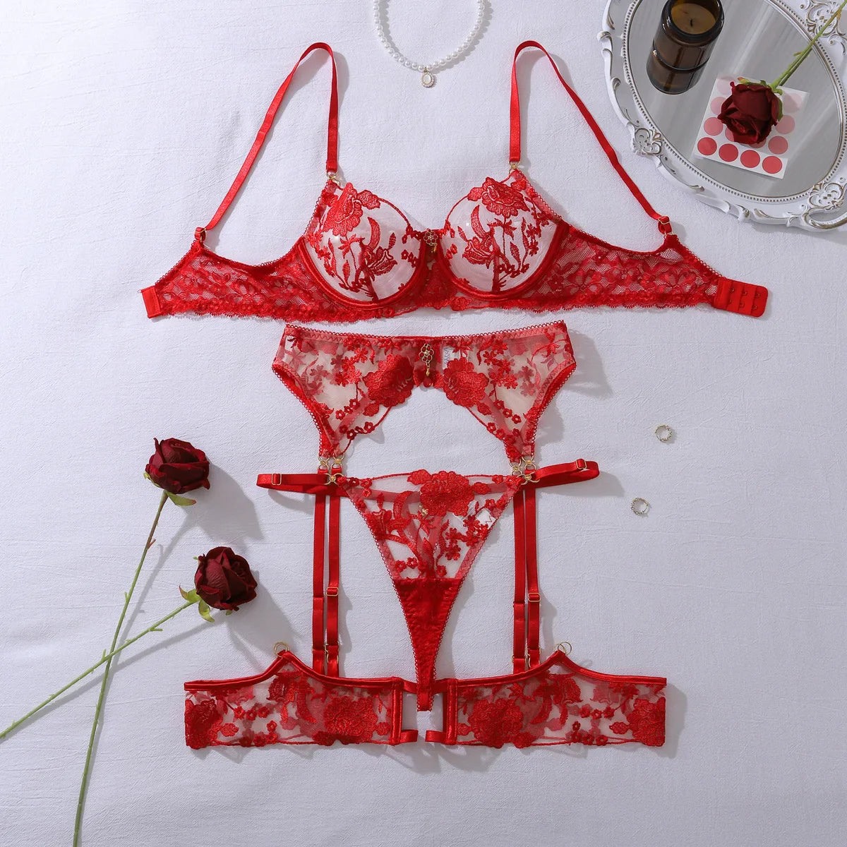 Toucheart Lace Lingerie Panty Garters Embroidery Rose See-through MeshInteresting Premium Bodysuit Set