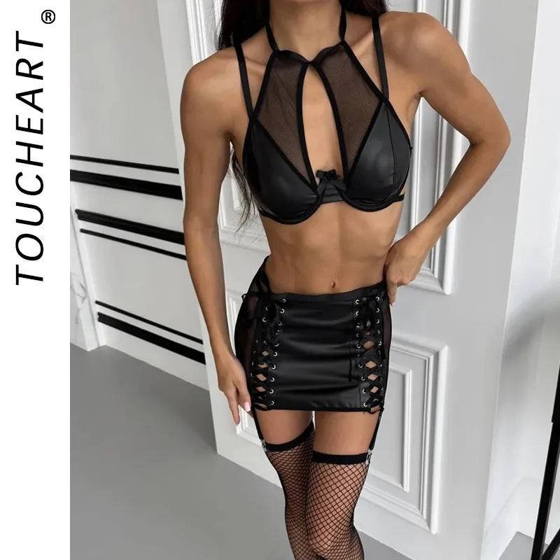 Toucheart Lace Lingerie Short Skirt Thong Bow Knot Lace Up See-through Erotic Private