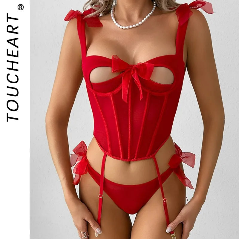 Toucheart Lace Underwear Panty Solid Color Bow Knot Lace Up Plunge Premium Romantic Lingerie