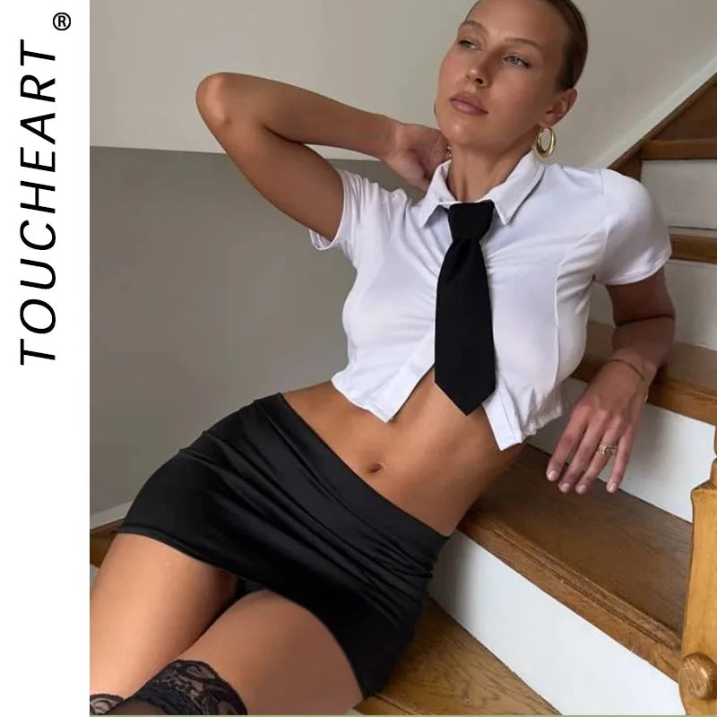 Toucheart Lace Slim Secretary Stockings Exposed Navel High Waisted Secretary Uniform Set