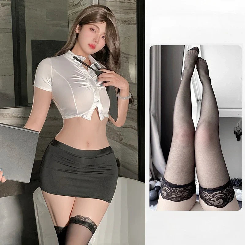 Toucheart Lace Slim Secretary Stockings Exposed Navel High Waisted Secretary Uniform Set