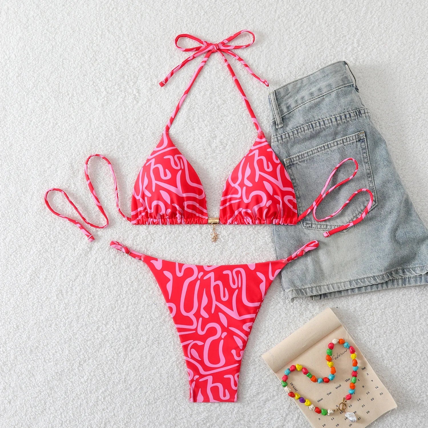 Toucheart Lace-up Halterneck Two-piece Bikini Triangle Bag Split Swimsuit Bodyshaping Pure Desire Backless Bikini