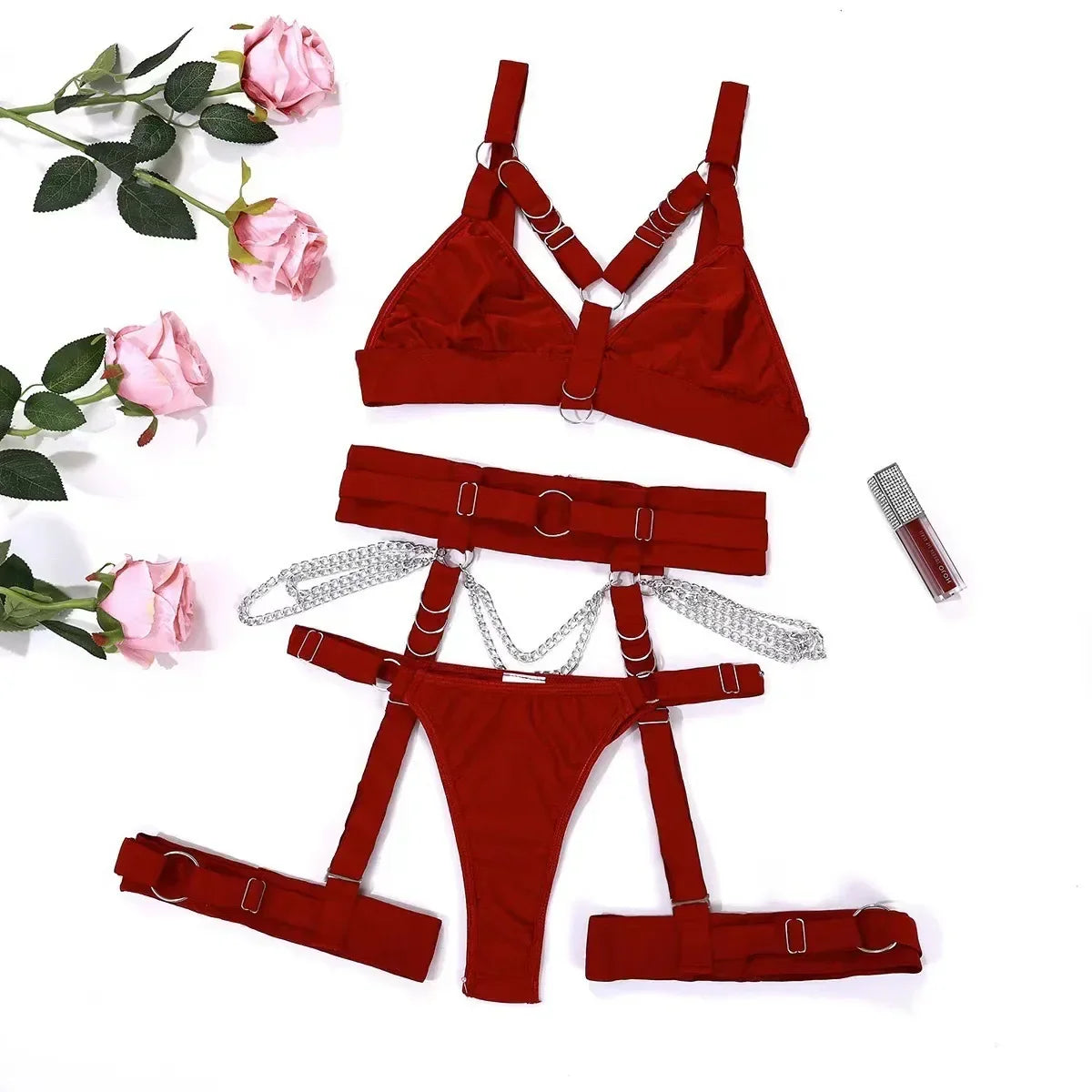 Toucheart Lencerias Underwear Fancy Uncensored Metal Chain Solid Color Garters Underwear Set Underwear
