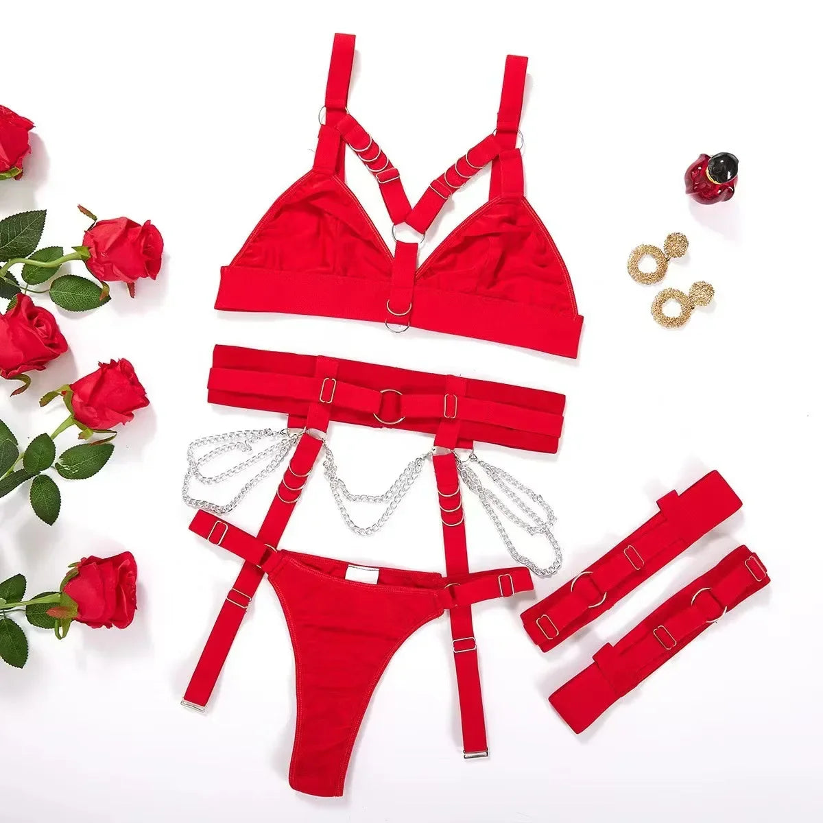 Toucheart Lencerias Underwear Fancy Uncensored Metal Chain Solid Color Garters Underwear Set Underwear